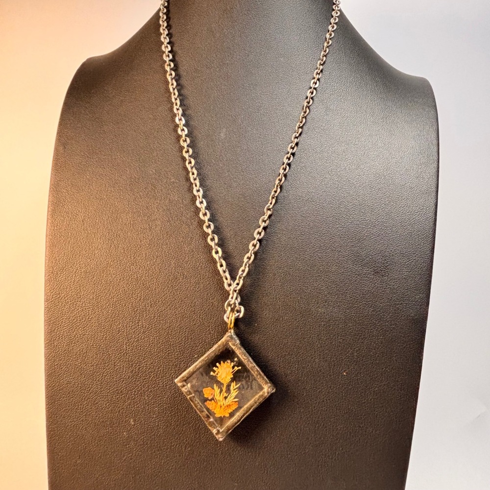 Handmade Dried Flower Necklace Square Pendant Cottage Boho Whimsygoth Vintage